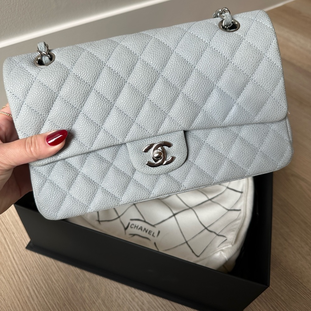 CHANEL Small Classic Handbag (Dove Grey | Light Blue with silver hardware) - Picture 3 of 10